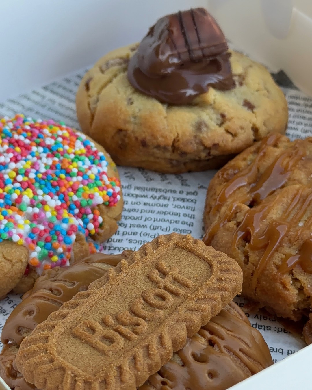 Nutella Bueno, dot cake, Biscoff and salted caramel cookies up close